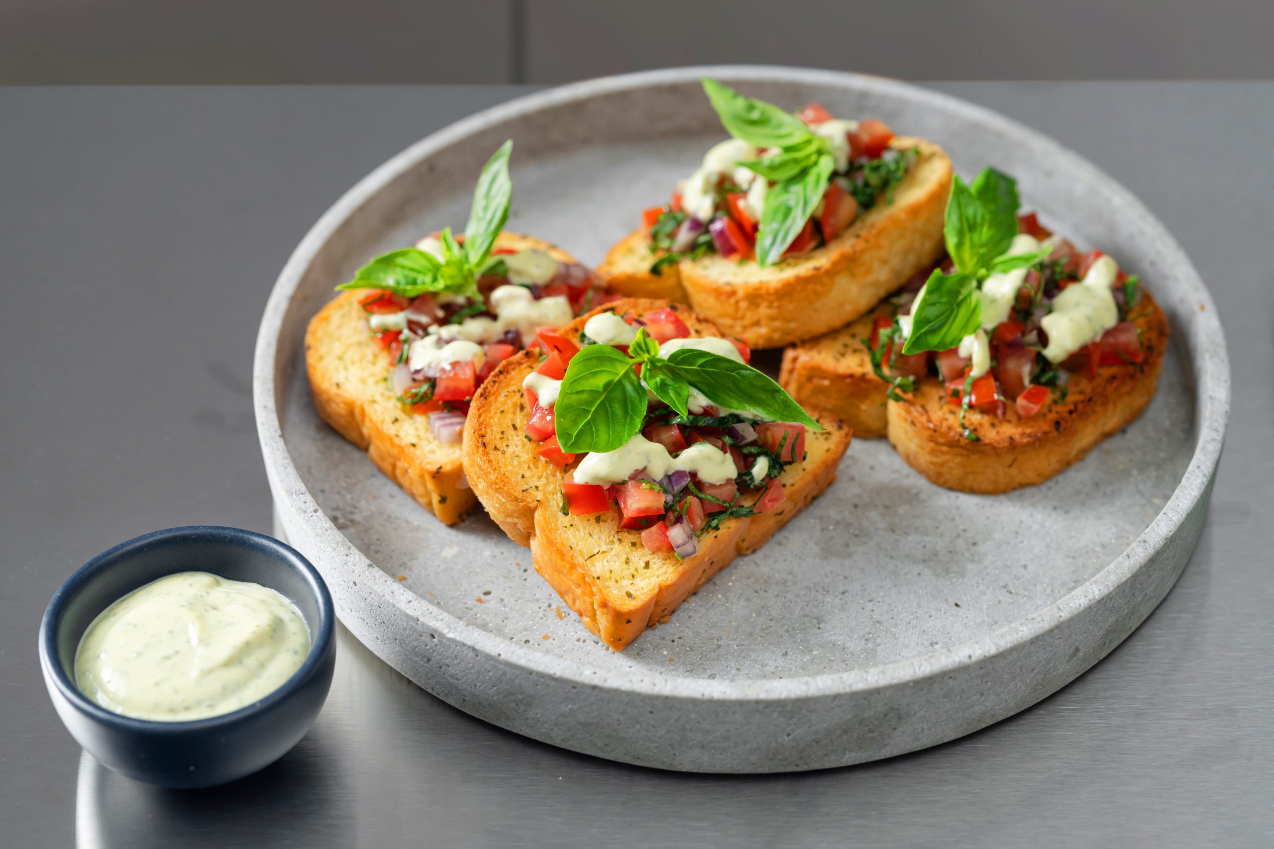 Bruschetta on Garlic Bread with Basil Mayonnaise