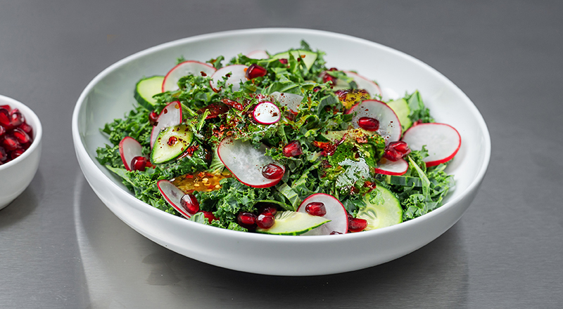 Kale, Cucumber & Pomegranate Salad with Chilli Oil Dressing