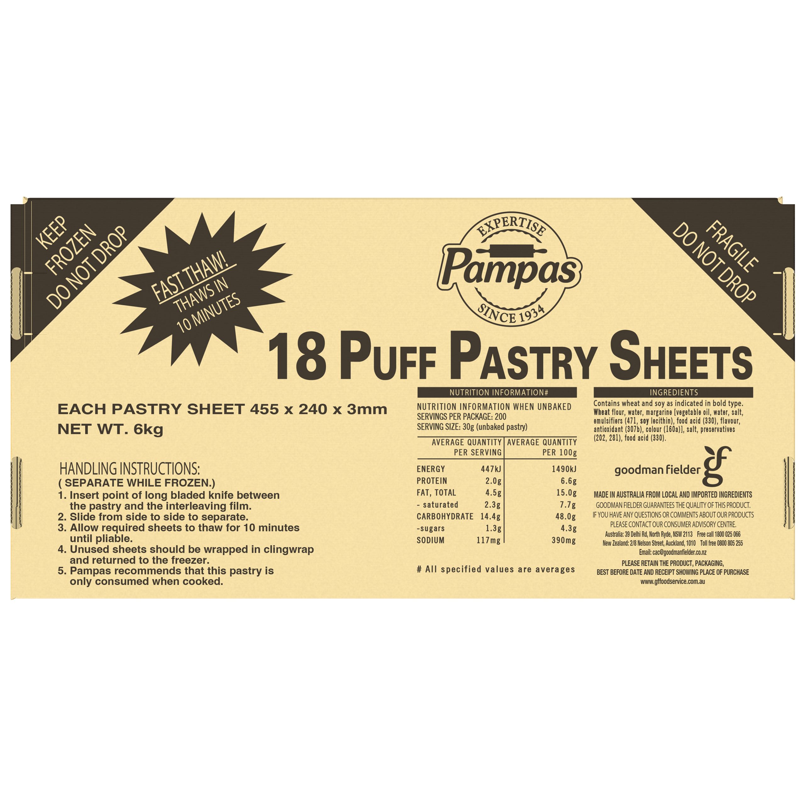 Pampas Fast Thaw Puff Pastry Sheets 18 Sheets Goodman Fielder