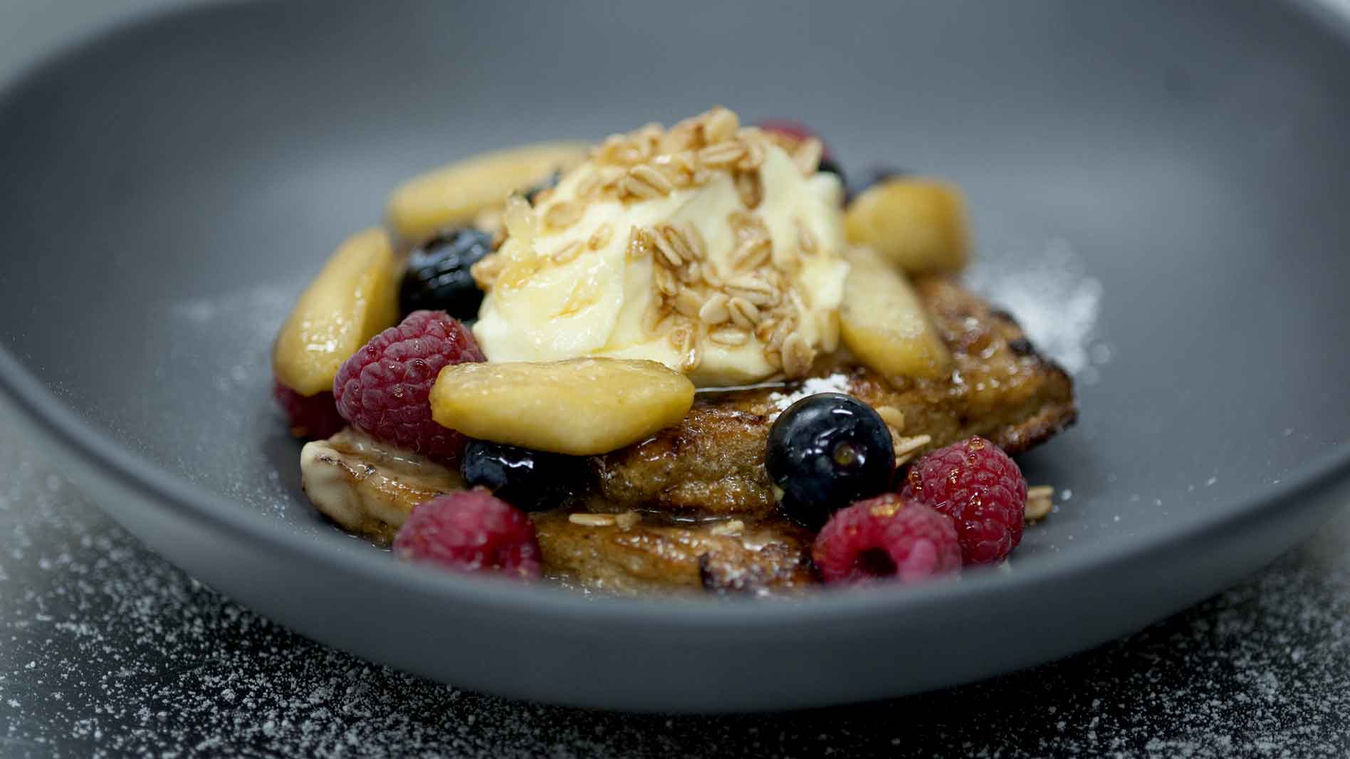 Apple Crumble French Toast with Vanilla Mascarpone and Toasted Oats