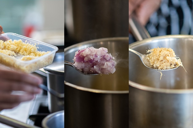 Adding onion, garlic and ginger