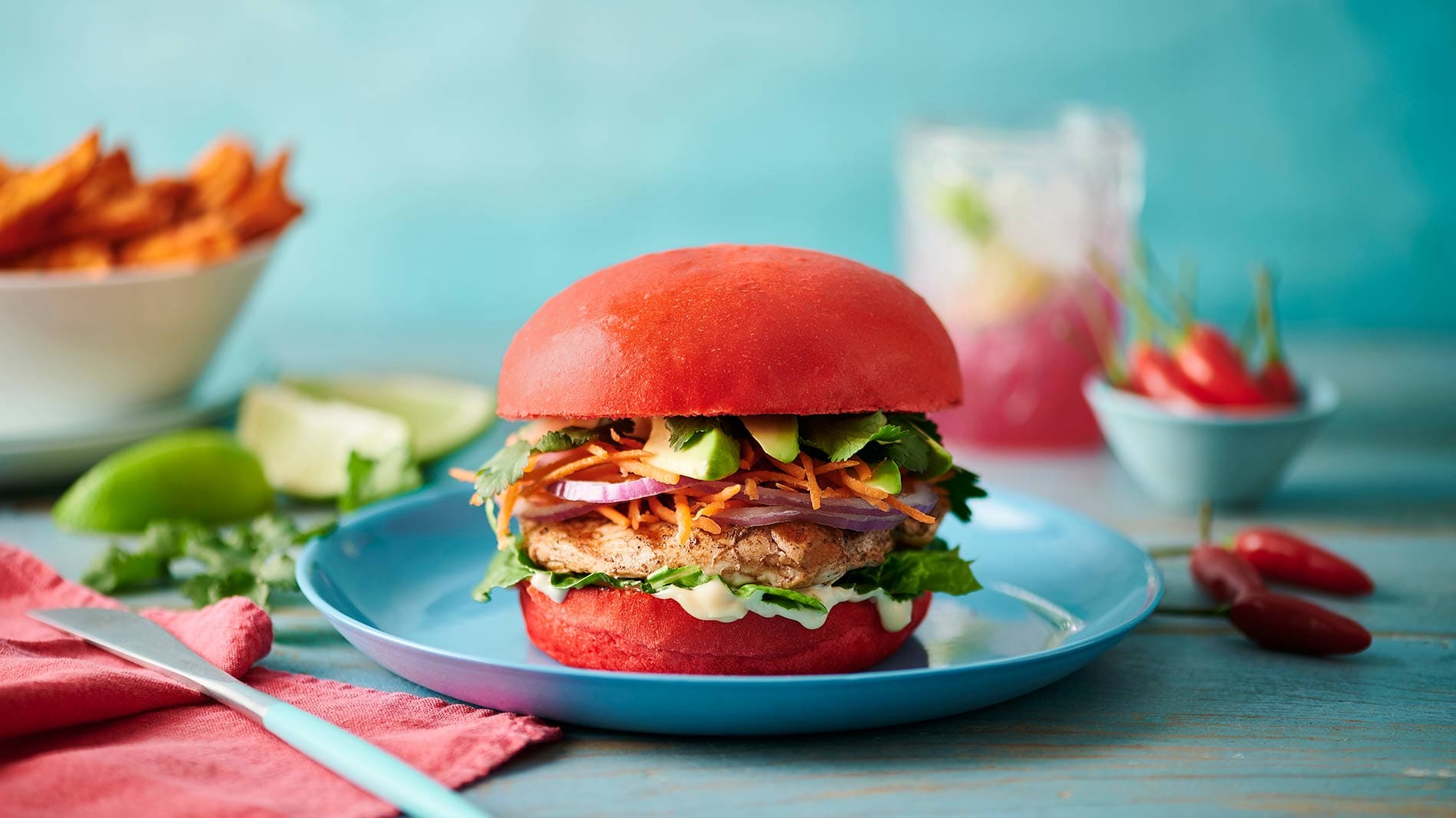 five spice chicken burger with flavoured milk bun